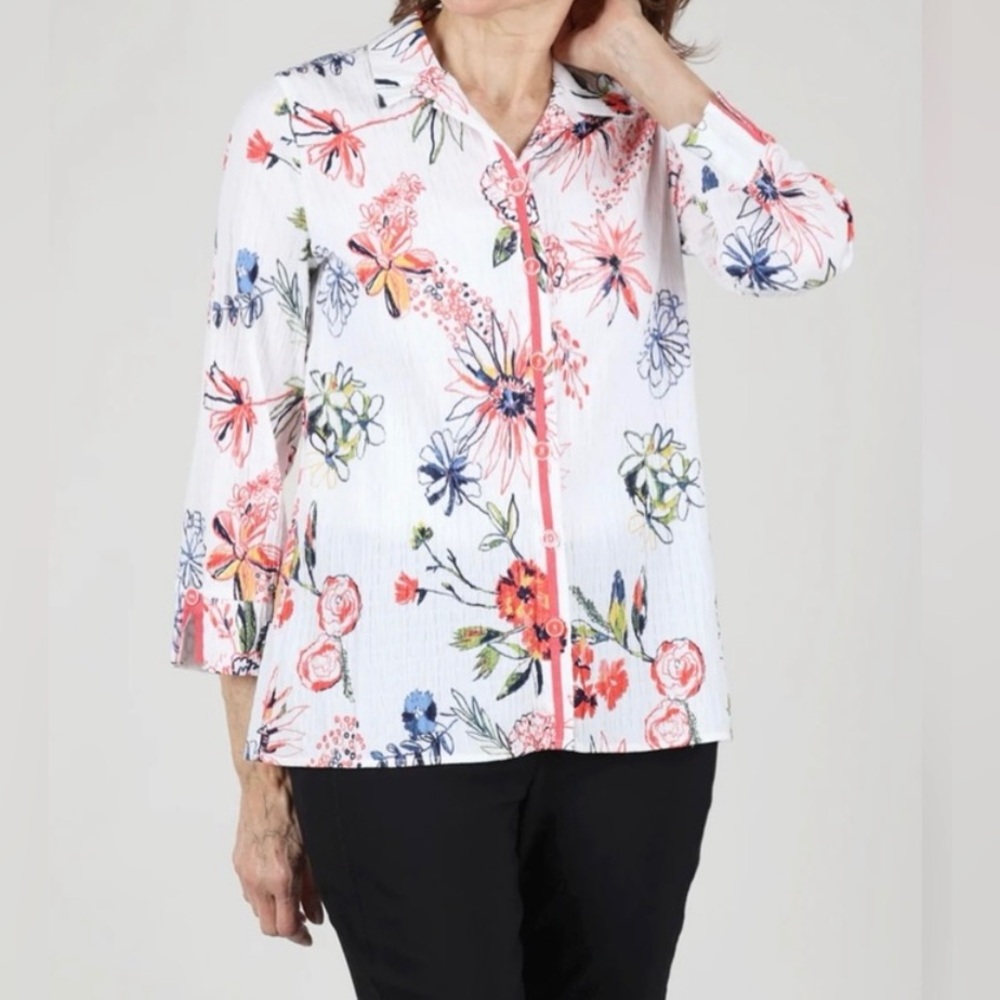 Habitat large floral button down shirt blouse tunic white orange blue - Picture 2 of 11